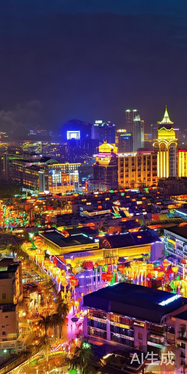 在夜幕逐渐降临的澳门，随着灯火逐渐点亮，一幅璀璨夺